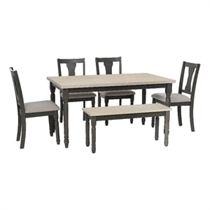 Pemberly Row 6-Piece Wood Dining Set with Bench in Smokey White/Dark Gray