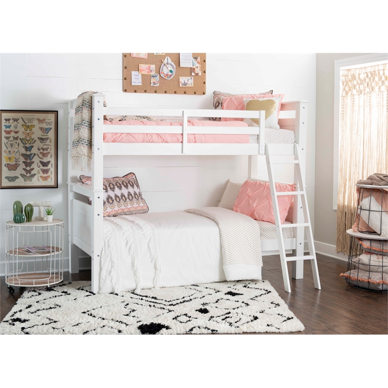 Pemberly Row Twin Over Twin Pine Wood Bunk Bed with Ladder in White