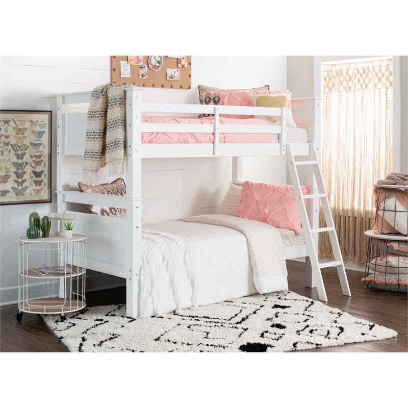 Pemberly Row Twin Over Twin Pine Wood Bunk Bed with Ladder in White