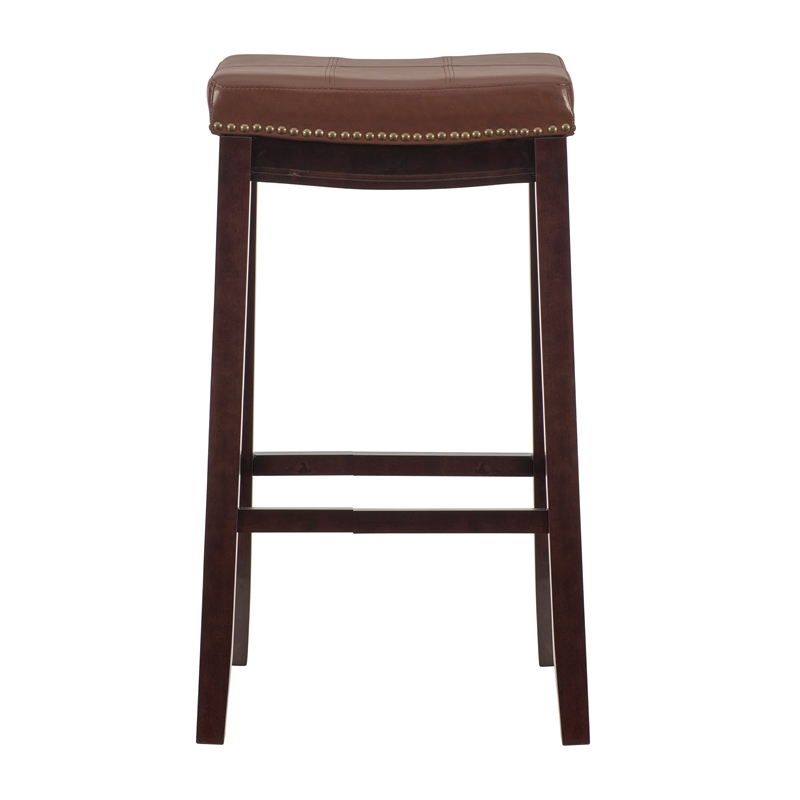Pemberly Row Bar Stool Cognac Faux Leather Saddle Seat in Espresso Finish