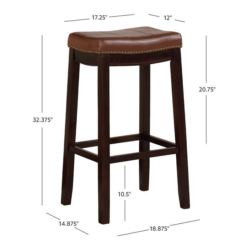 Pemberly Row Bar Stool Cognac Faux Leather Saddle Seat in Espresso Finish