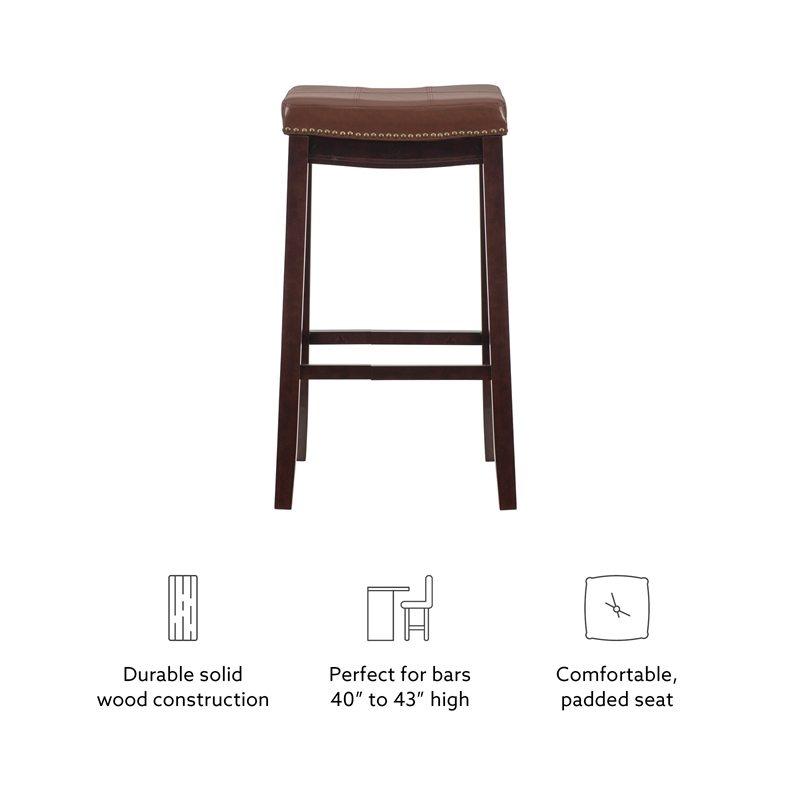 Pemberly Row Bar Stool Cognac Faux Leather Saddle Seat in Espresso Finish
