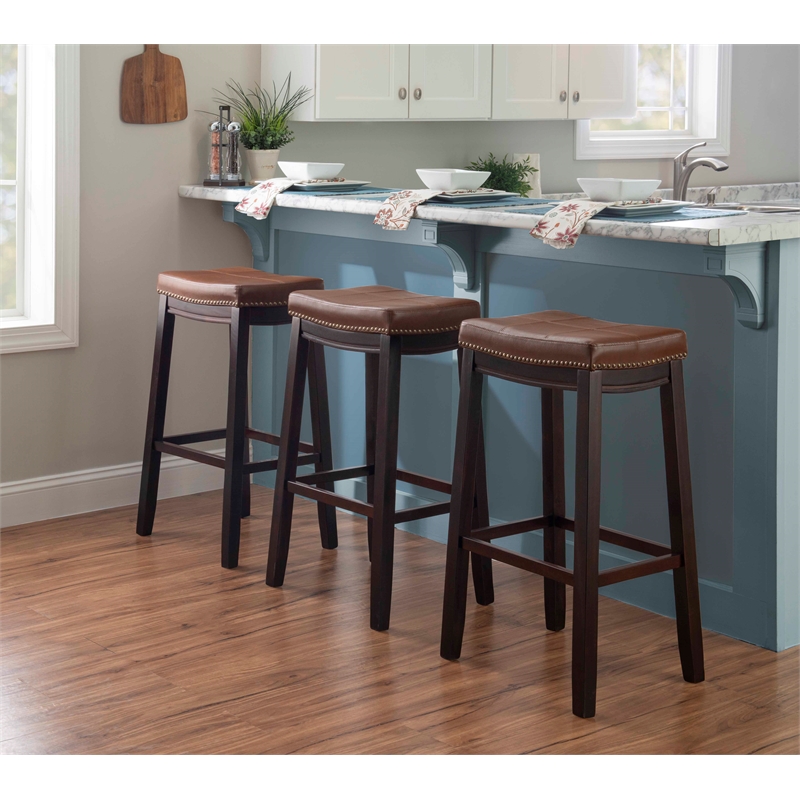 Pemberly Row Bar Stool Cognac Faux Leather Saddle Seat in Espresso Finish