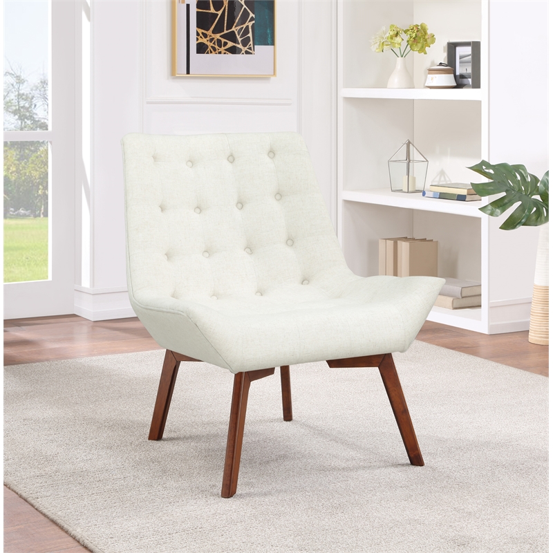 Pemberly Row Tufted Chair in Linen Cream Fabric with Coffee Finish Wood Legs