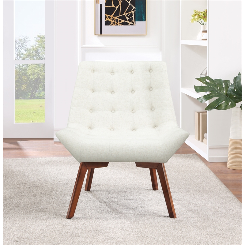 Pemberly Row Tufted Chair in Linen Cream Fabric with Coffee Finish Wood Legs