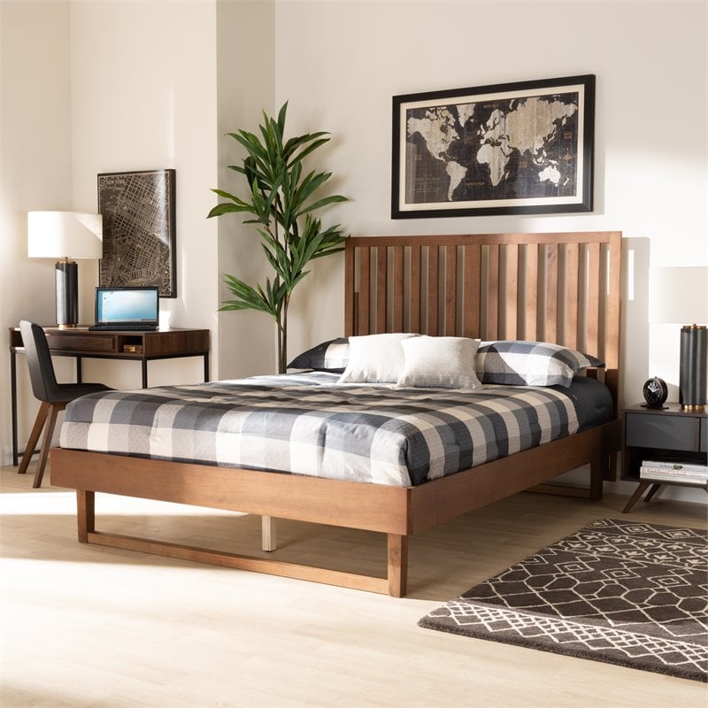 Pemberly Row Walnut Brown Wood King Platform Bed with Slatted Headboard