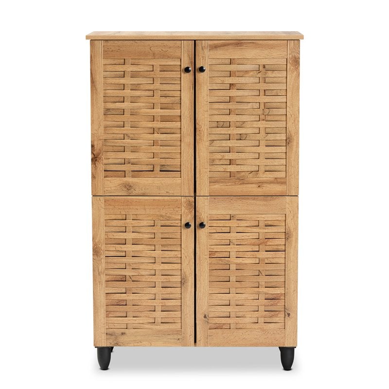 Pemberly Row Oak Brown 4-Door Shoe Storage Cabinet with Air Circulation
