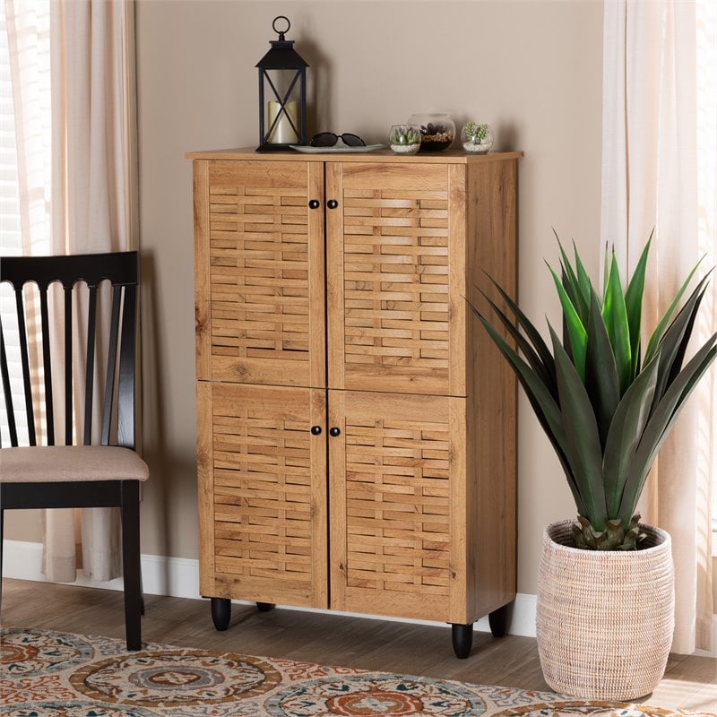 Pemberly Row Oak Brown 4-Door Shoe Storage Cabinet with Air Circulation