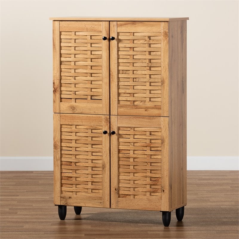 Pemberly Row Oak Brown 4-Door Shoe Storage Cabinet with Air Circulation