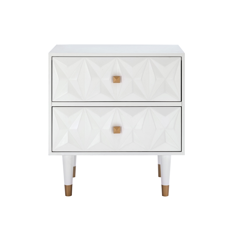 Pemberly Row 2-Drawer Nightstand with Geometric Texture in White/Gold