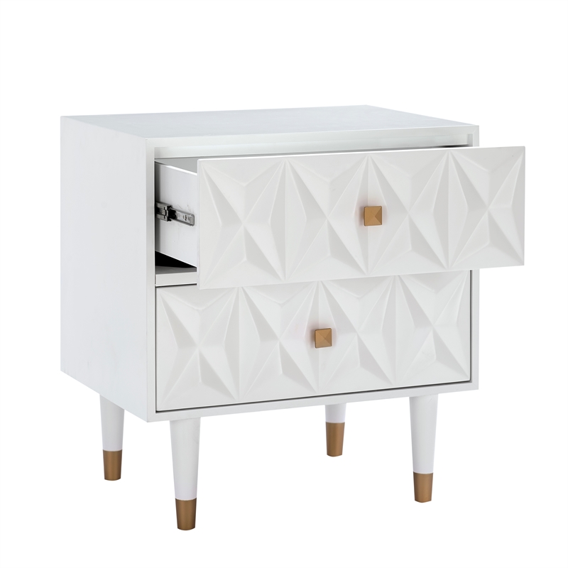 Pemberly Row 2-Drawer Nightstand with Geometric Texture in White/Gold