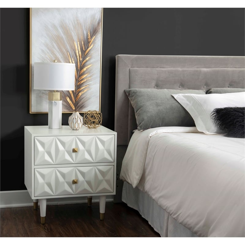 Pemberly Row 2-Drawer Nightstand with Geometric Texture in White/Gold