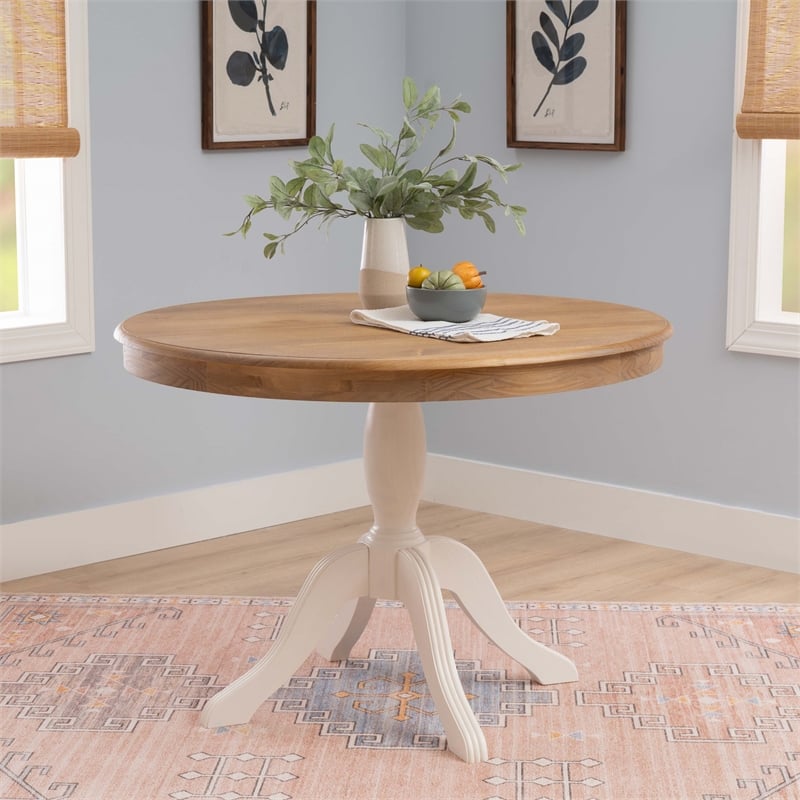 Pemberly Row Round Pedestal Dining Table in Natural and White Solid Wood