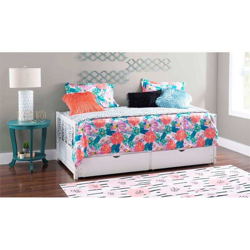 Pemberly Row Twin to King Daybed with 2 Drawers in White Pine Wood