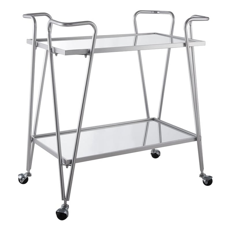 Pemberly Row Metal Rolling Bar Cart with Mirrored Shelves in Silver