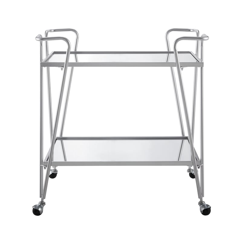 Pemberly Row Metal Rolling Bar Cart with Mirrored Shelves in Silver