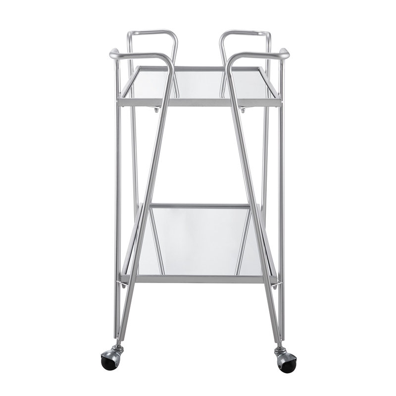 Pemberly Row Metal Rolling Bar Cart with Mirrored Shelves in Silver