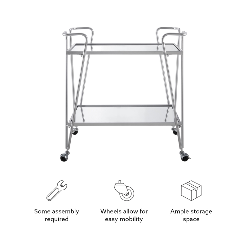 Pemberly Row Metal Rolling Bar Cart with Mirrored Shelves in Silver