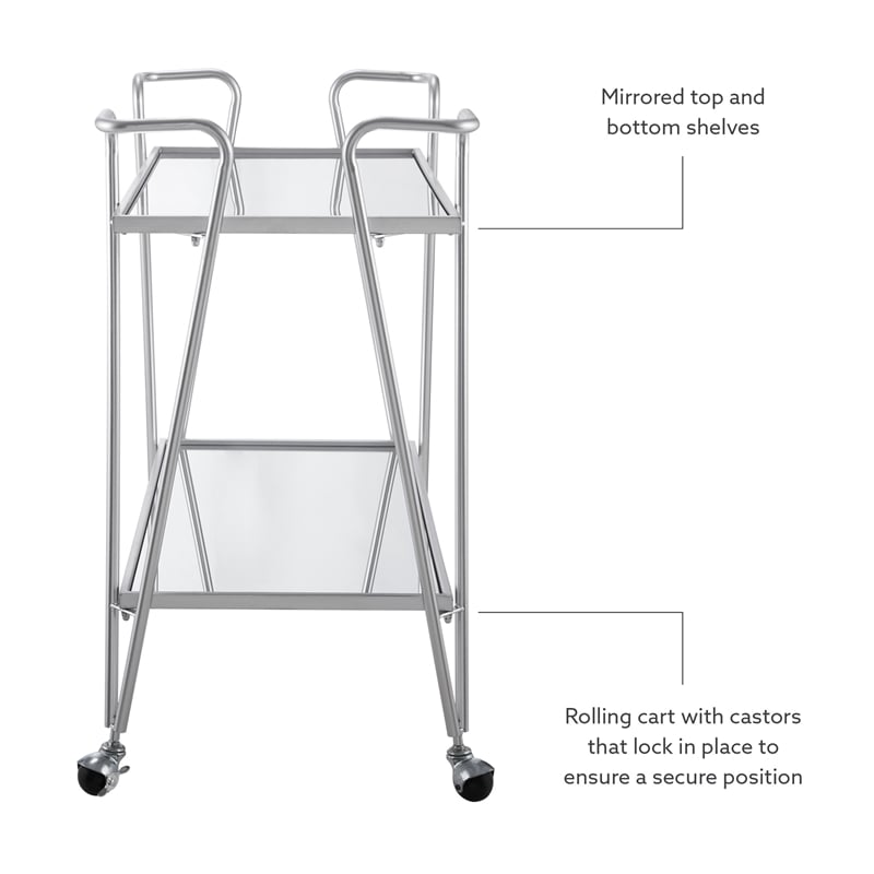 Pemberly Row Metal Rolling Bar Cart with Mirrored Shelves in Silver