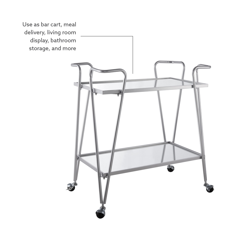 Pemberly Row Metal Rolling Bar Cart with Mirrored Shelves in Silver