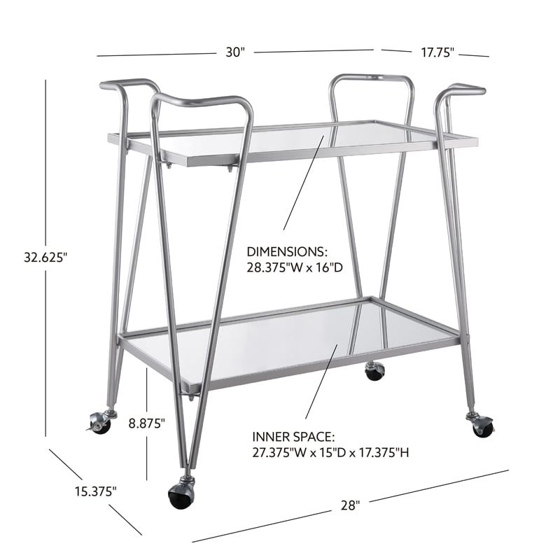 Pemberly Row Metal Rolling Bar Cart with Mirrored Shelves in Silver