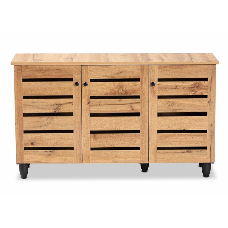 Pemberly Row 3-Door Shoe Storage Cabinet in Oak Brown Finish
