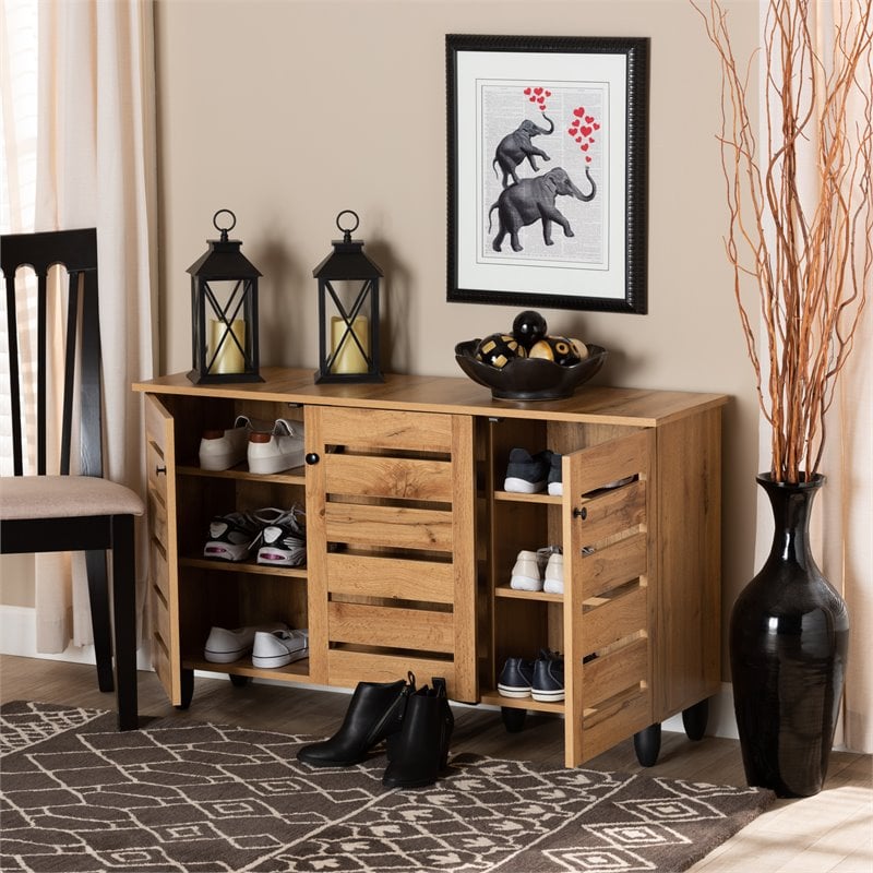 Pemberly Row 3-Door Shoe Storage Cabinet in Oak Brown Finish