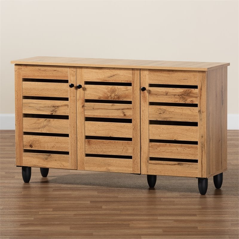 Pemberly Row 3-Door Shoe Storage Cabinet in Oak Brown Finish