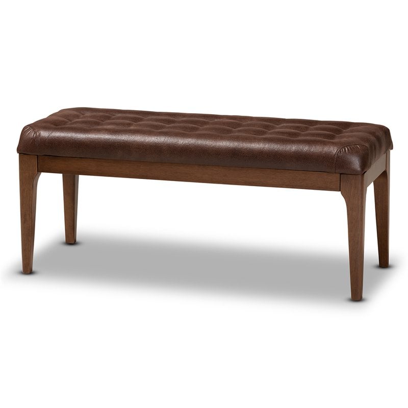 Pemberly Row Wood Dining Bench with Tufted Faux Leather Upholstery in Brown