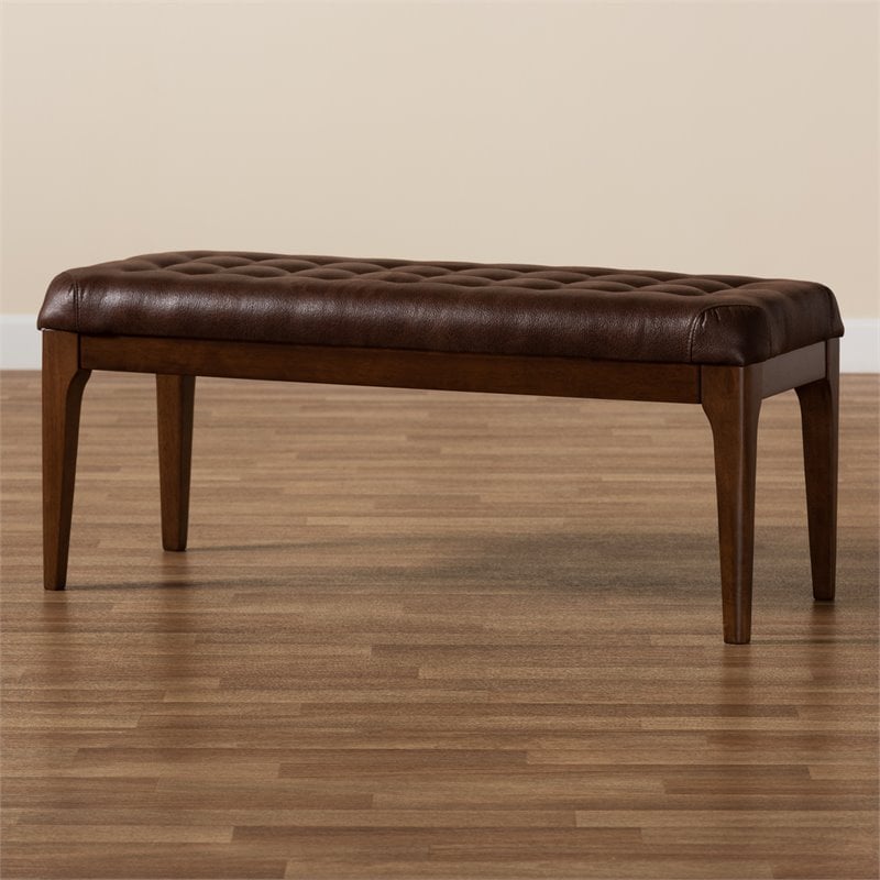 Pemberly Row Wood Dining Bench with Tufted Faux Leather Upholstery in Brown