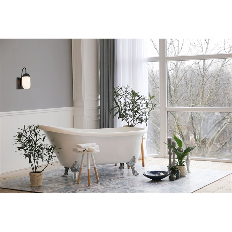 Pemberly Row Kace 1-Light Metal Wall Sconce in Black & Frosted White Glass