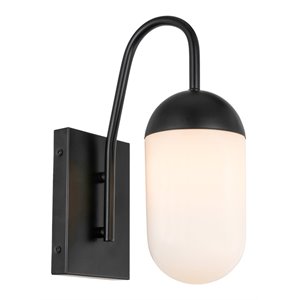 Pemberly Row Kace 1-Light Metal Wall Sconce in Black & Frosted White Glass