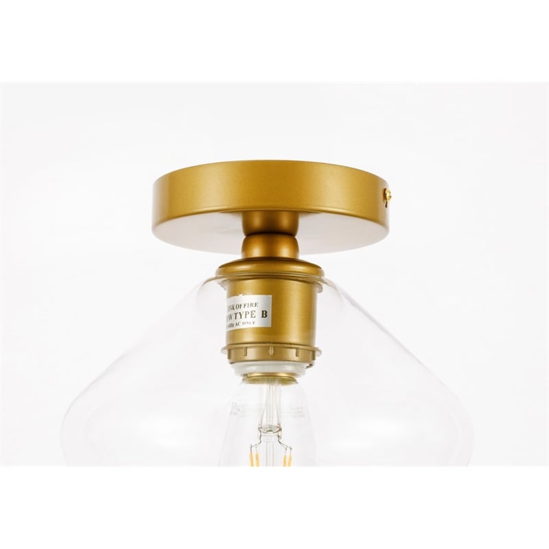 Pemberly Row Gene 1-Light Metal and Glass Flush Mount in Brass/Clear