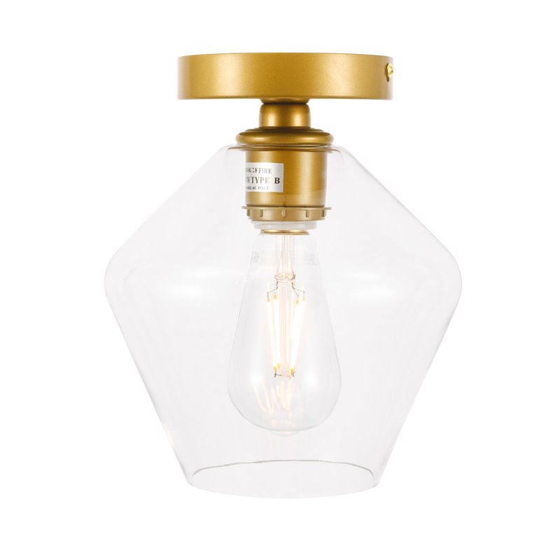 Pemberly Row Gene 1-Light Metal and Glass Flush Mount in Brass/Clear