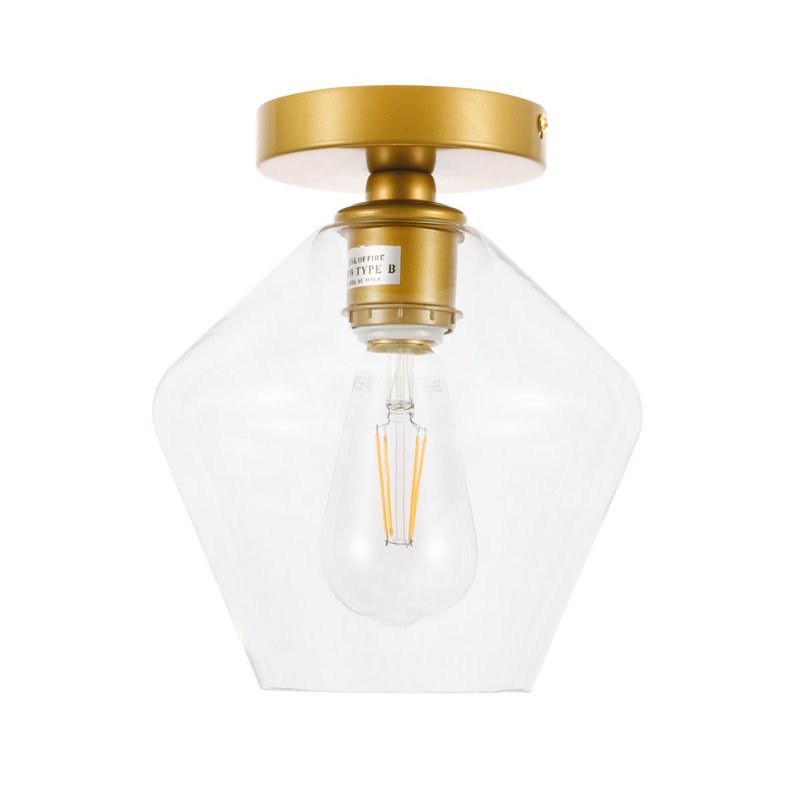 Pemberly Row Gene 1-Light Metal and Glass Flush Mount in Brass/Clear