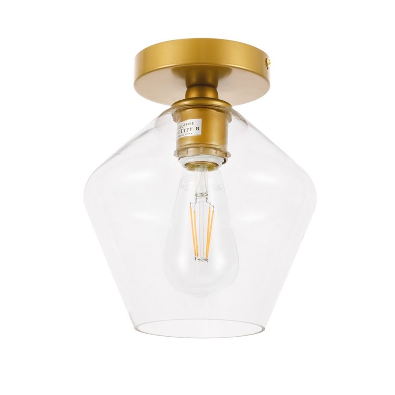 Pemberly Row Gene 1-Light Metal and Glass Flush Mount in Brass/Clear