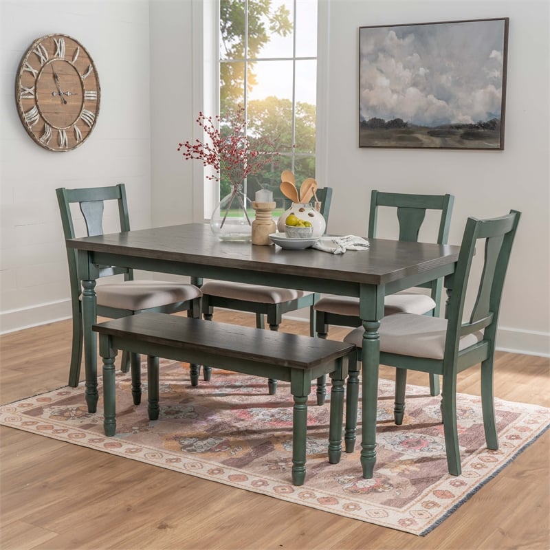Pemberly Row Wood Six Piece Upholstered Dining Set with Bench in Teal Blue