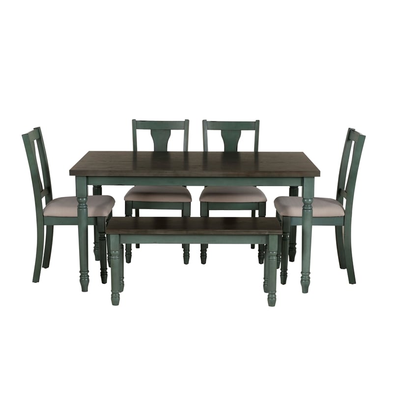 Pemberly Row Wood Six Piece Upholstered Dining Set with Bench in Teal Blue