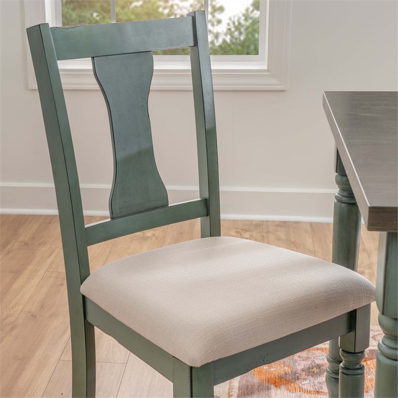 Pemberly Row Wood Six Piece Upholstered Dining Set with Bench in Teal Blue