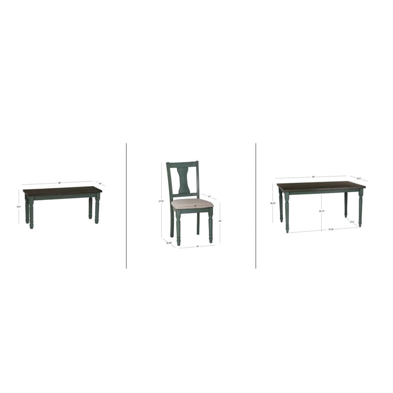 Pemberly Row Wood Six Piece Upholstered Dining Set with Bench in Teal Blue