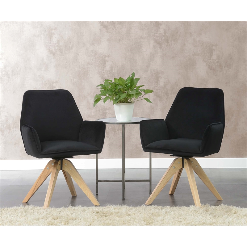 Pemberly Row Miranda Swivel Accent Chair in Black Velvet and Ash Wood