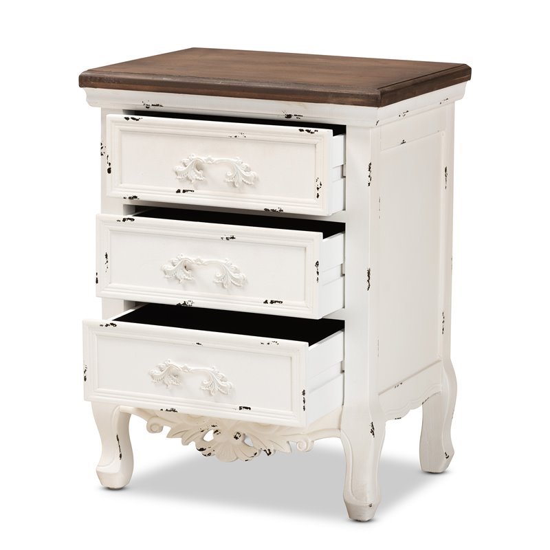Pemberly Row 3-Drawer Solid Wood End Table in Walnut Brown/Antique White