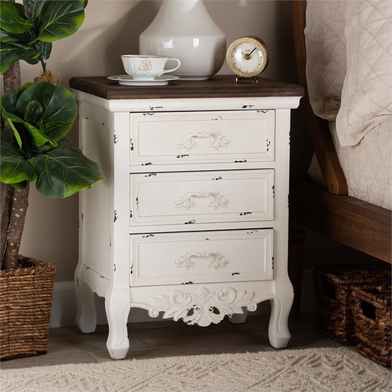 Pemberly Row 3-Drawer Solid Wood End Table in Walnut Brown/Antique White