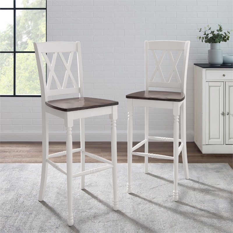 Pemberly Row Distressed White & Brown Rubberwood Bar Stool Set of 2