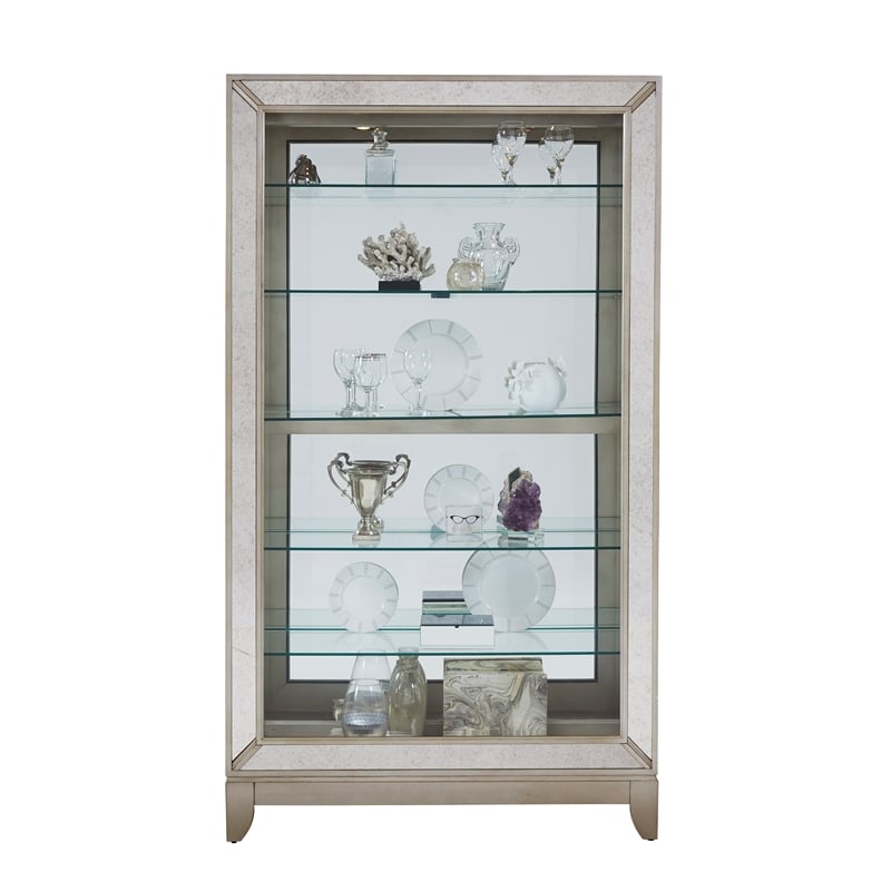 Pemberly Row 5-Shelf Mirrored Curio Cabinet in Aged Silver Finish