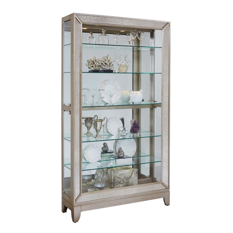 Pemberly Row 5-Shelf Mirrored Curio Cabinet in Aged Silver Finish