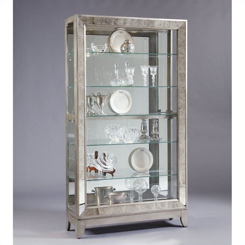 Pemberly Row 5-Shelf Mirrored Curio Cabinet in Aged Silver Finish