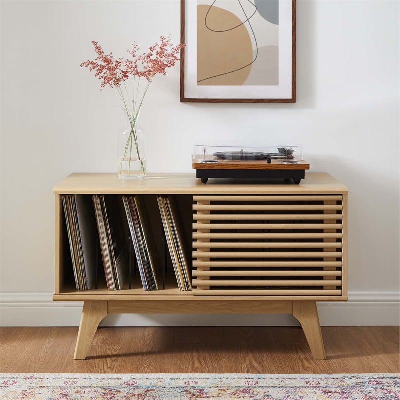 Pemberly Row Wood & Vinyl Record Display Stand with Sliding Door in Oak