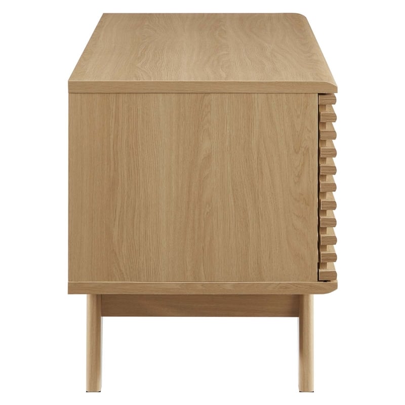 Pemberly Row Wood & Vinyl Record Display Stand with Sliding Door in Oak