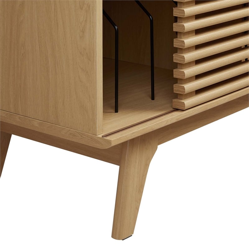 Pemberly Row Wood & Vinyl Record Display Stand with Sliding Door in Oak